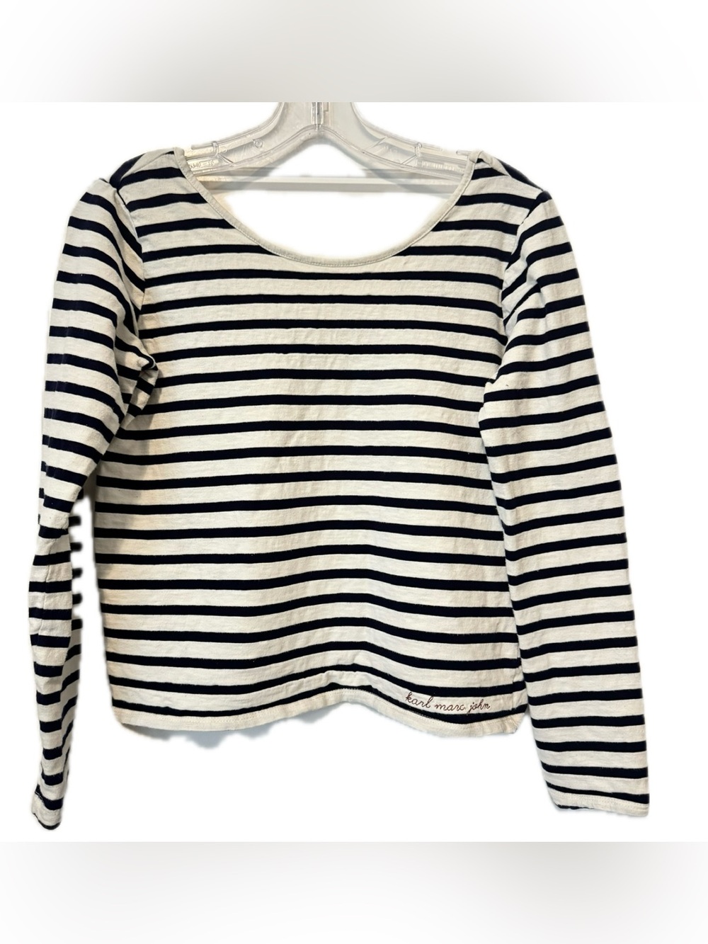 🏷️3/$30 Karl Marc John Striped Long Sleeve Top Women’s S Navy White Scoop Neck
